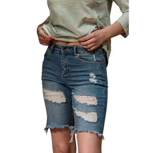 NWT Tractr Denim Bermuda Shorts Distressed‎ Frayed Hem Blue Size 8/29